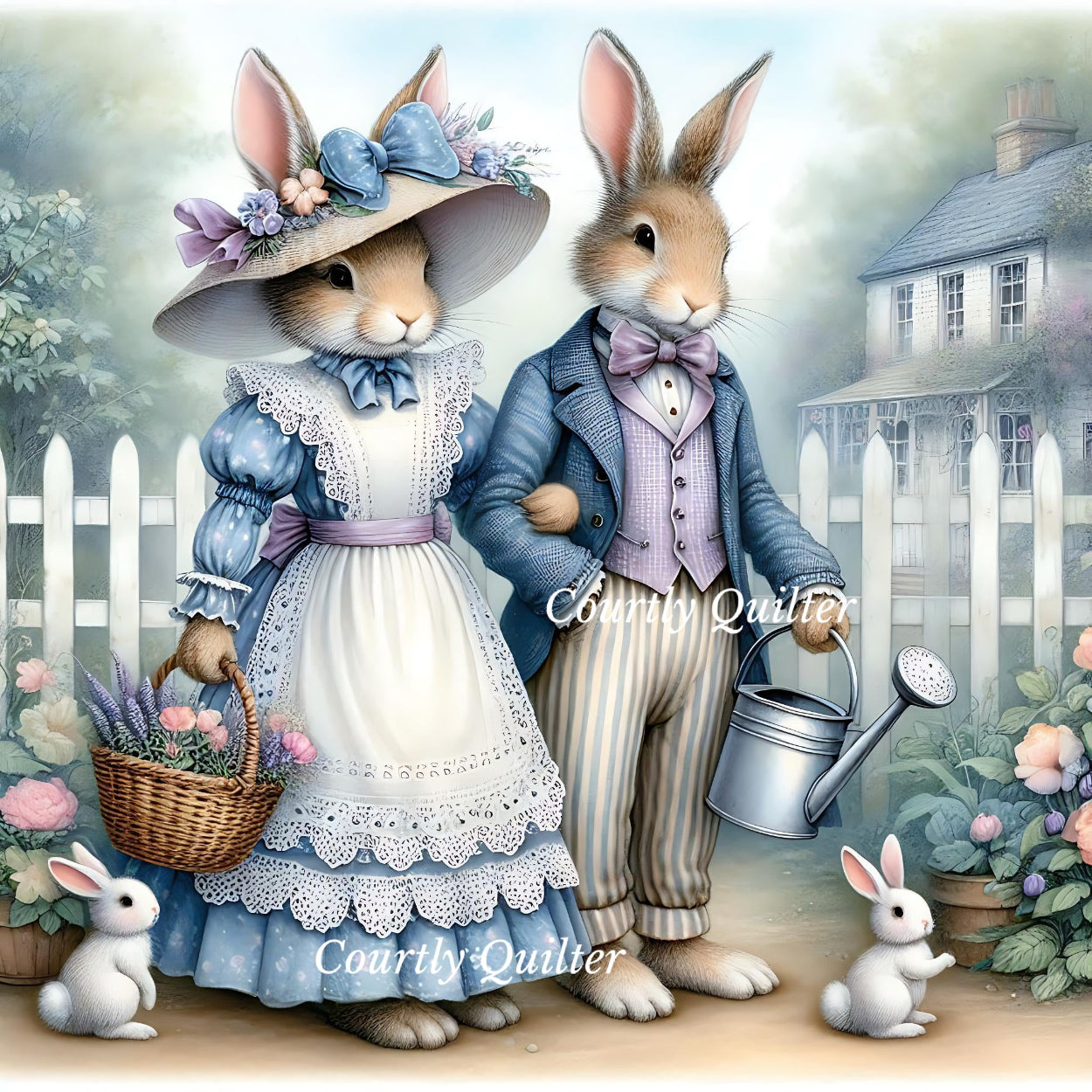 Bunny couple in human-like attire with a child rabbits, set against a garden backdrop, Courtly Quilter