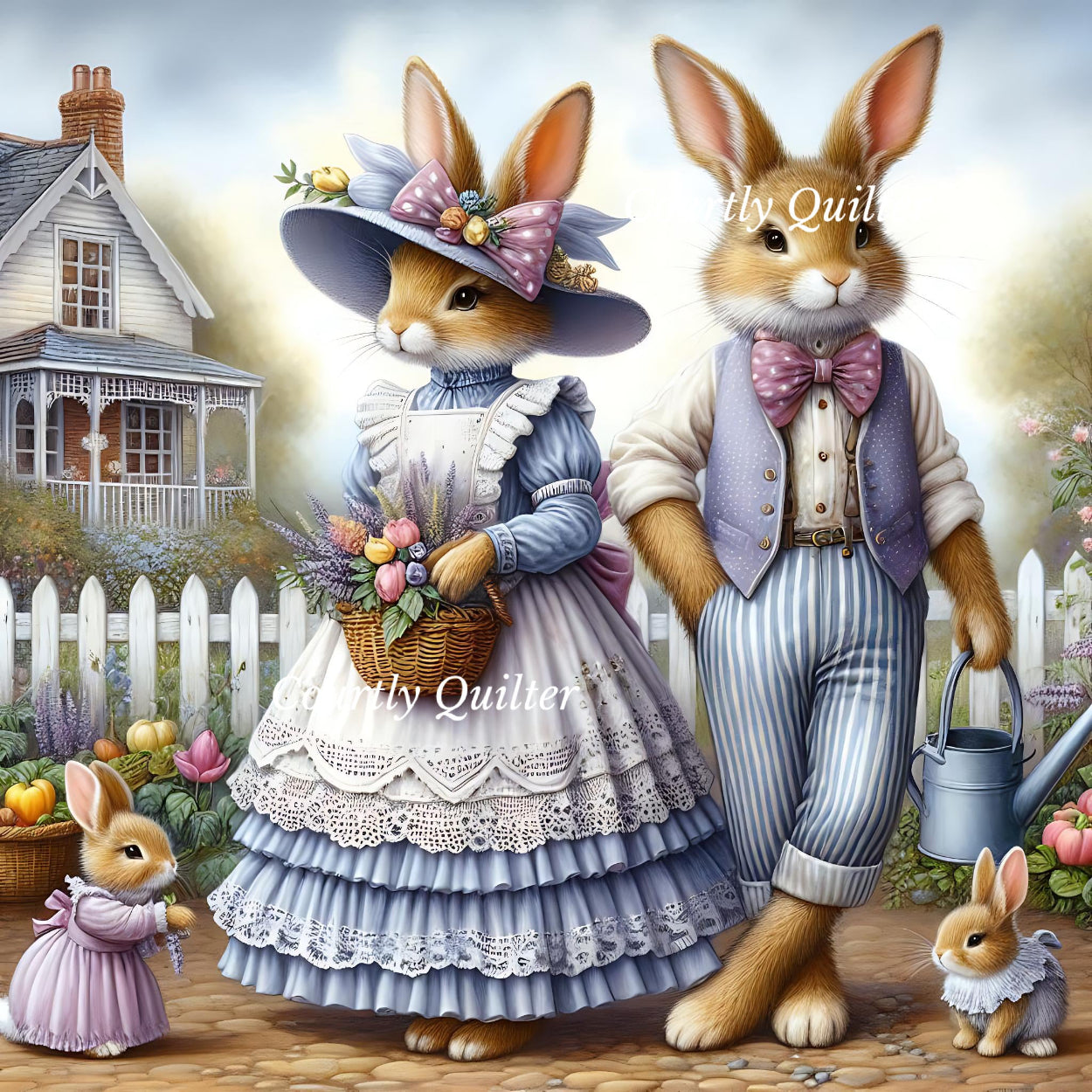 Bunny family in formal attire standing in a garden Courtly Quilter