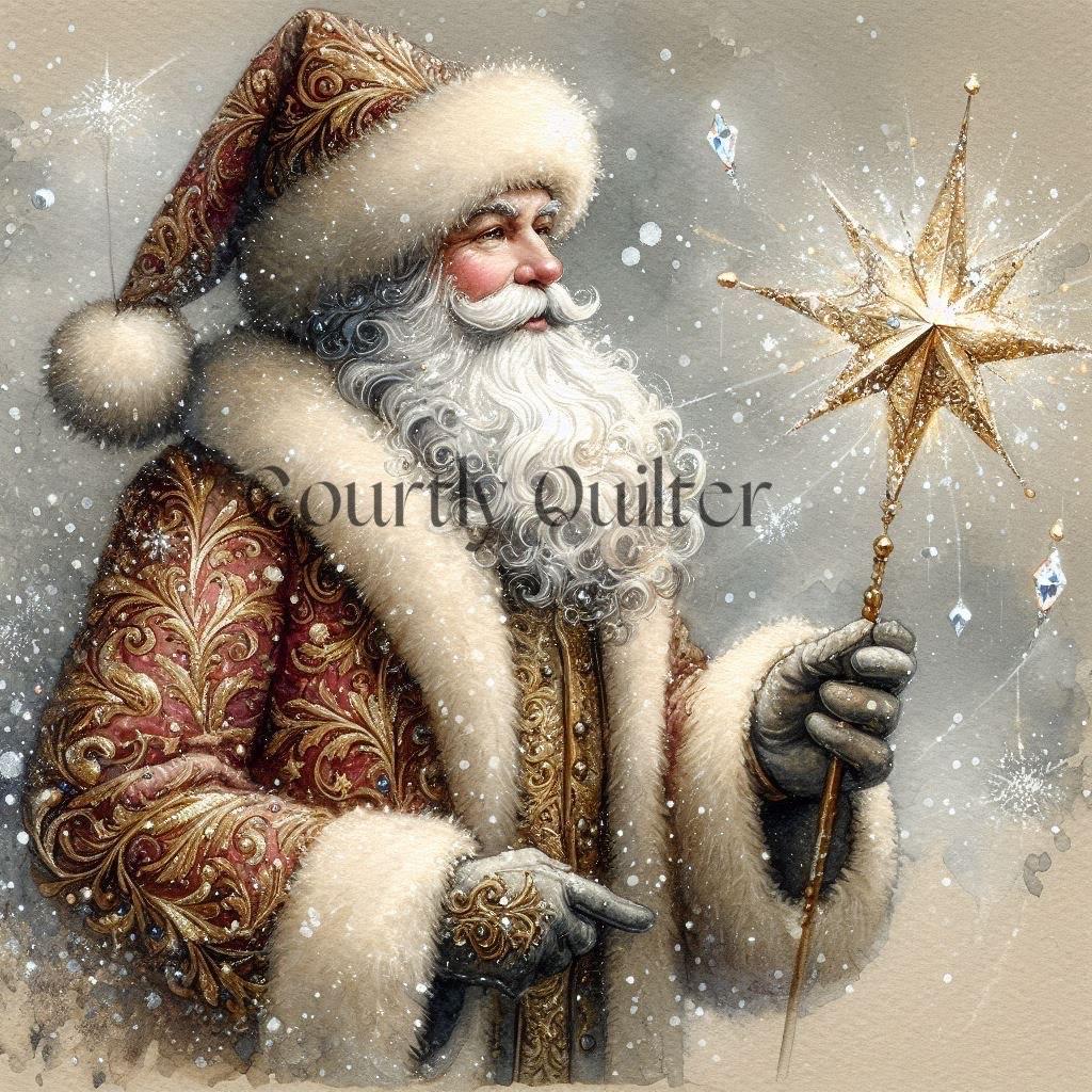 Illustration of a Courtly Quilter fantasy Santa Claus holding a star, with intricate patterns and a magical atmosphere.