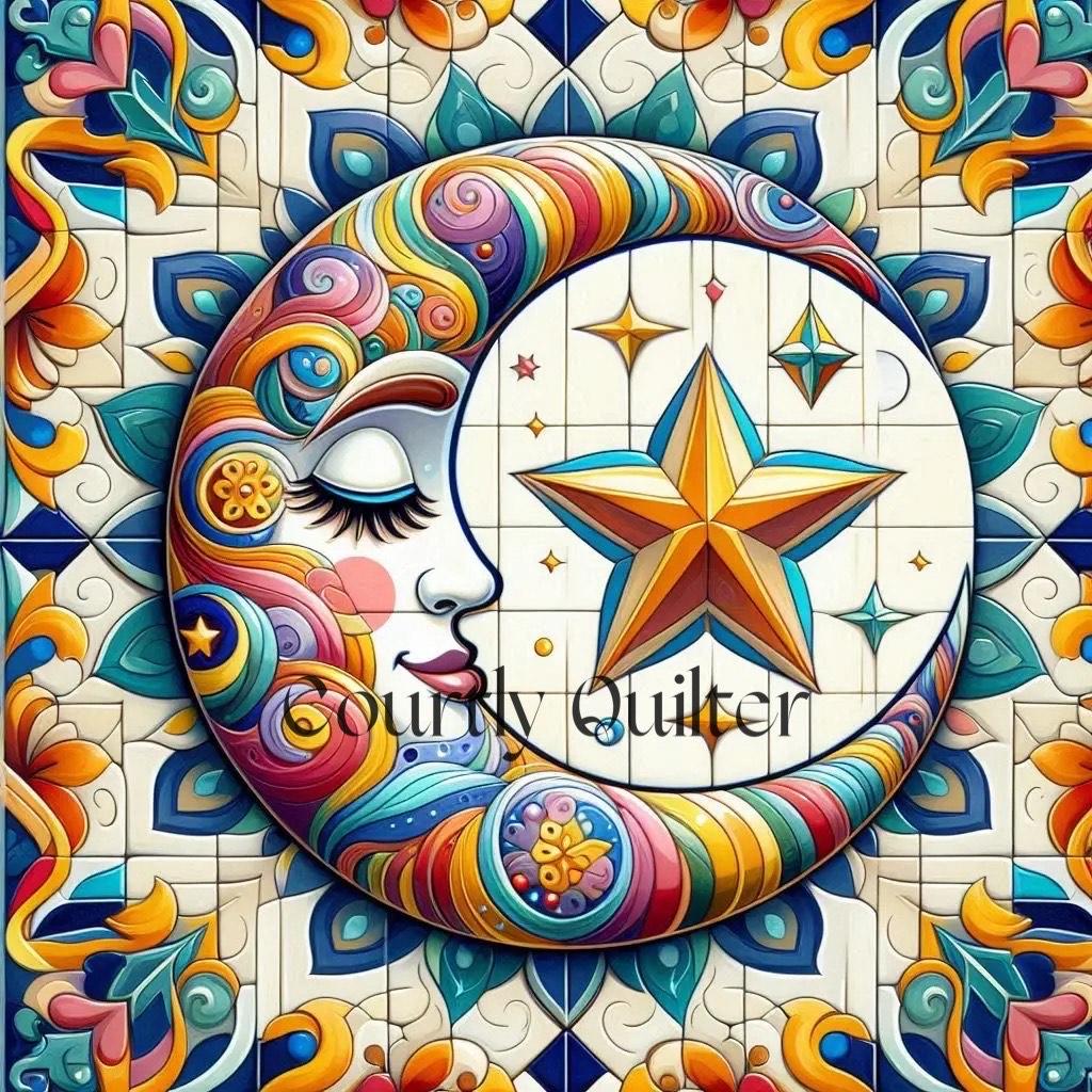 Courtly Quilter colorful celestial design with a moon face, star, and swirling patterns on a tiled background.