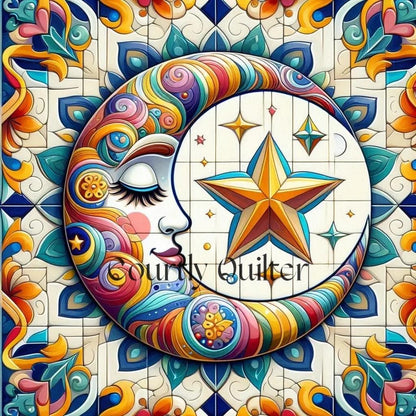 Courtly Quilter colorful celestial design with a moon face, star, and swirling patterns on a tiled background.