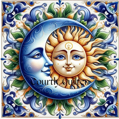 Courtly Quilter decorative design with sun and moon faces surrounded by floral patterns.  