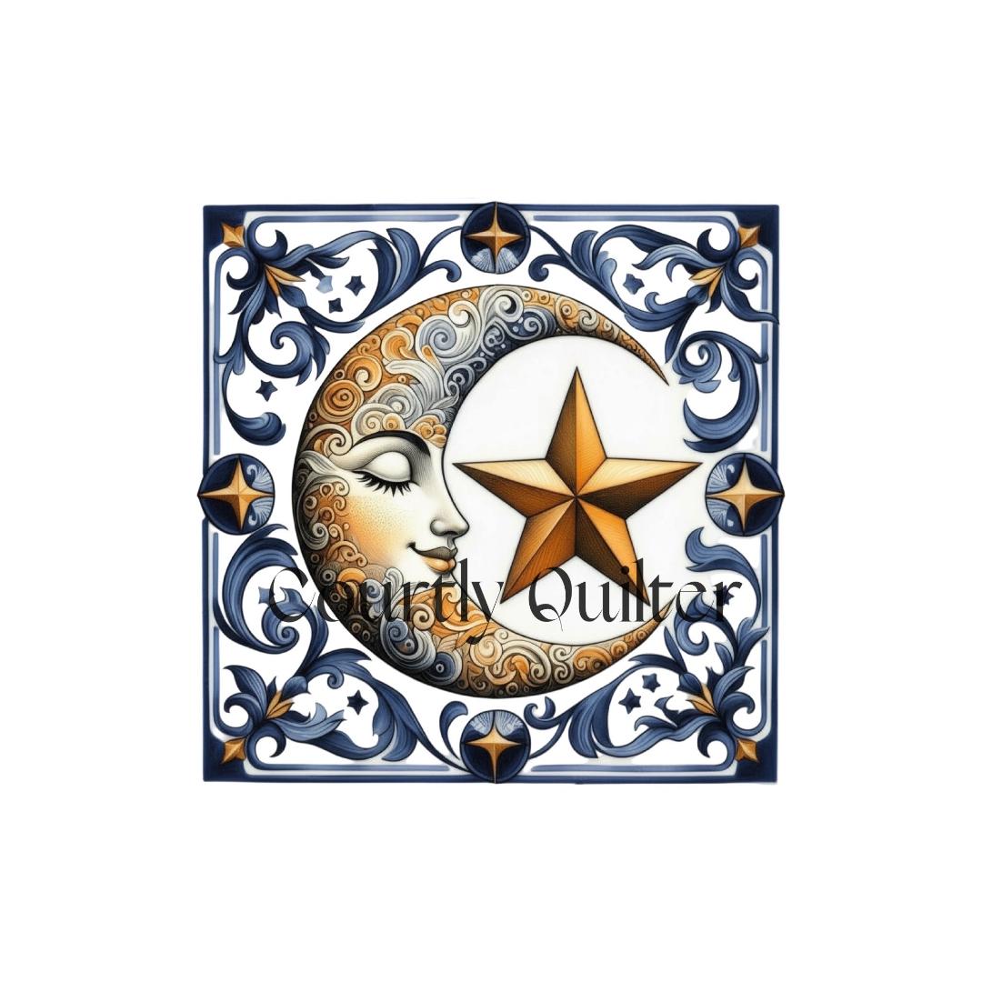 Courtly Quilter square celestial design with gold moon and star