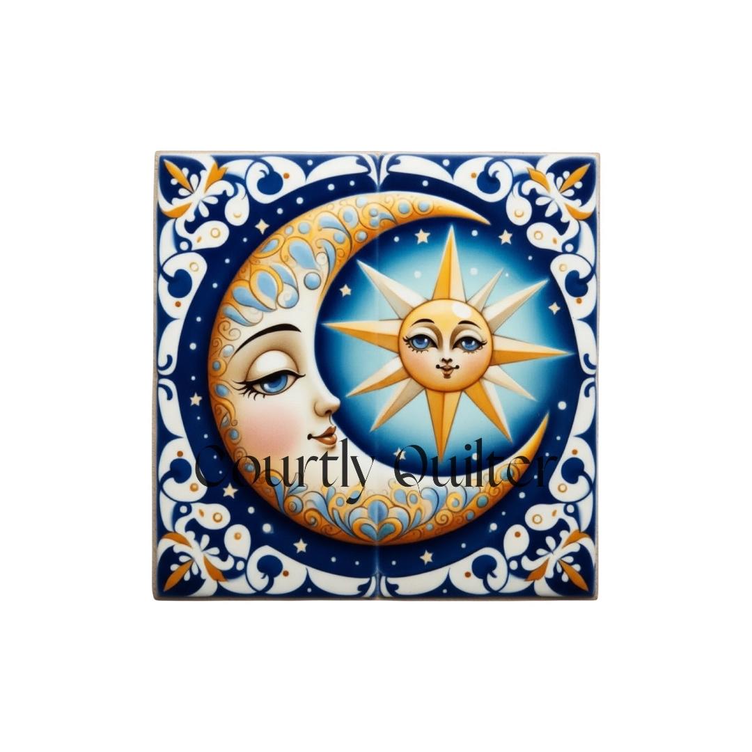 Courtly Quilter celestial design with yellow moon and sun.