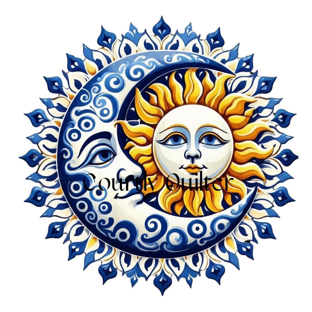 Courtly Quilter round celestial design of a yellow sun and blue and white moon.  