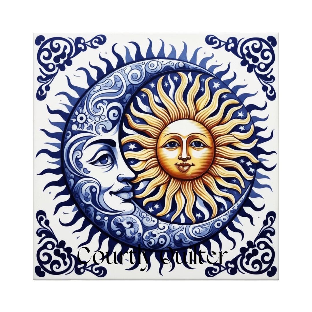 Courtly Quilter celestial design with blue and white moon and sun face.  