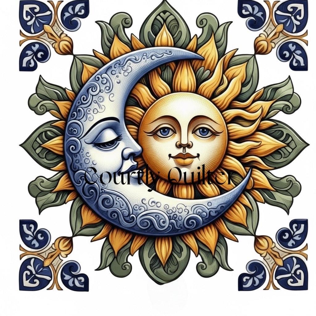 Courtly Quilter celestial design with blue moon, yellow sun and green/blue design.
