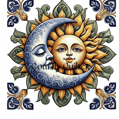 Courtly Quilter celestial design with blue moon, yellow sun and green/blue design.