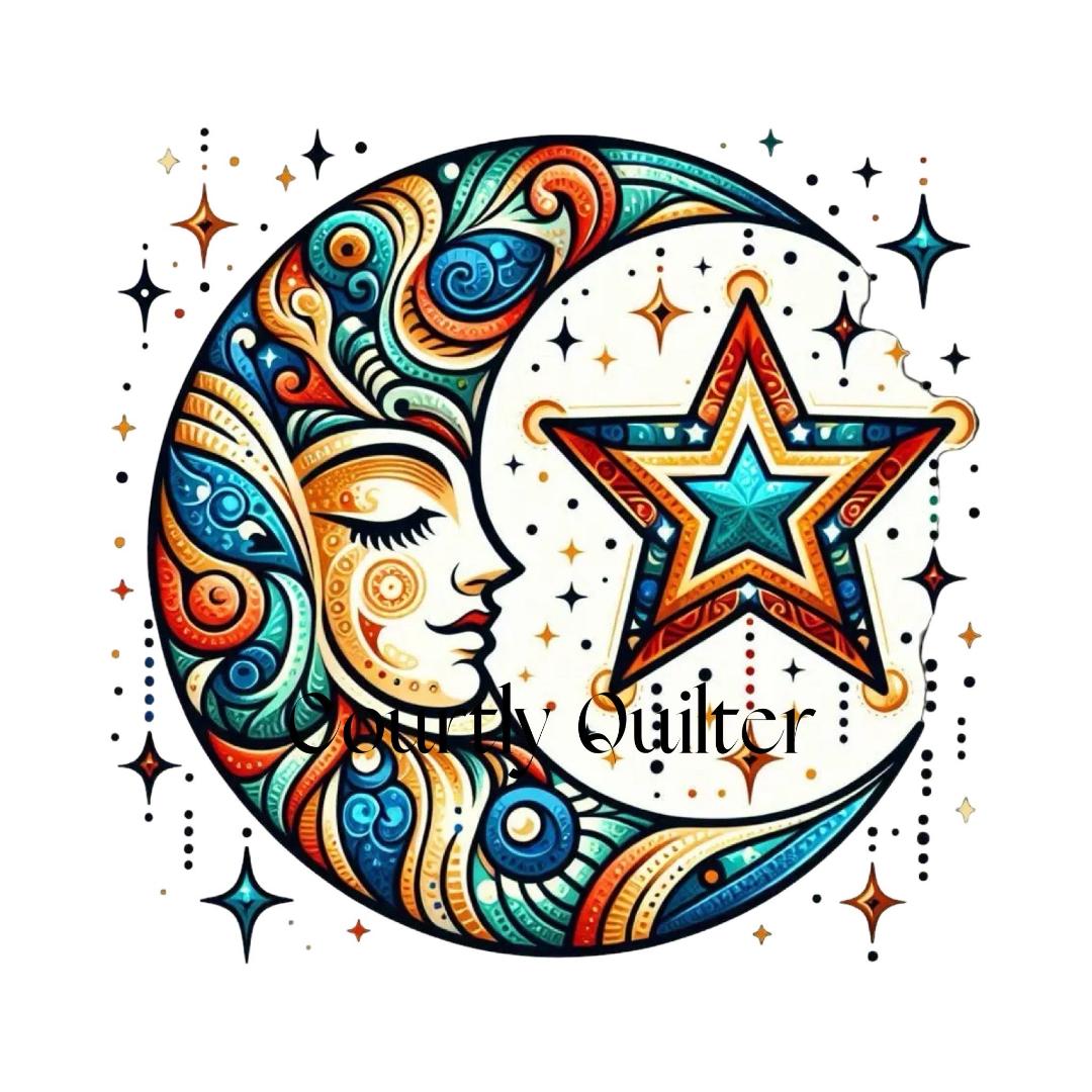 Courtly Quilter colorful celestial design, multicolor moon and star and small background stars.
