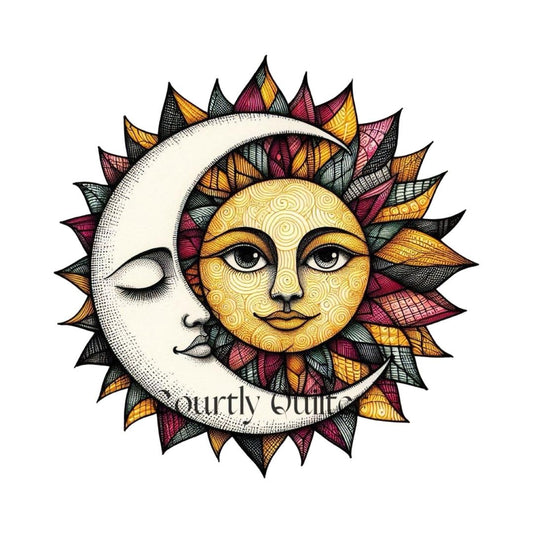 Courtly Quilter decorative sun and moon, multicolor and white