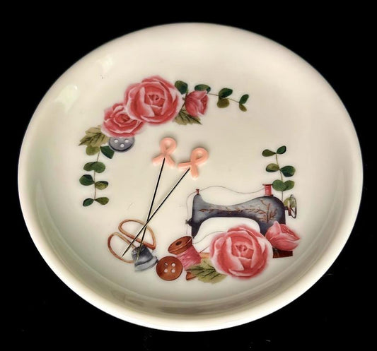 Courtly Quilter decorative magnetic base pin dish with floral and sewing-themed design on a white background