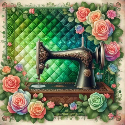 Courtly Quilter vintage sewing machine with colorful roses and green quilted background