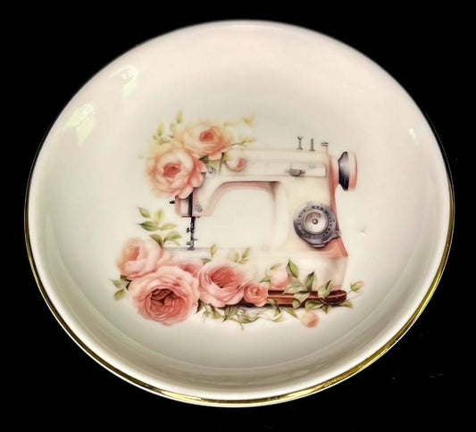 Courtly Quilter decorative magnetic base pin dish with floral and sewing-themed design on a white background