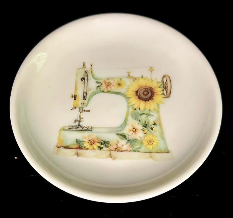 Courtly Quilter decorative magnetic base pin dish with floral and sewing-themed design on a white background