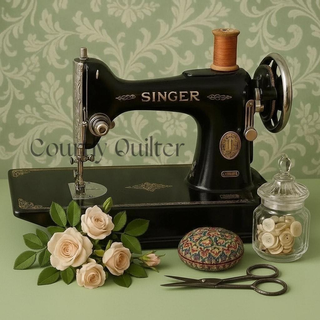 Courtly Quilter Vintage Singer Featherweight sewing machine with flowers, scissors, and buttons on a green background