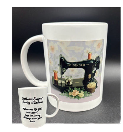 Ceramic mug with a vintage Singer featherweight sewing machine on a lavender and cream floral background, with text, "Emotional support sewing machine..." Courtly Quilter
