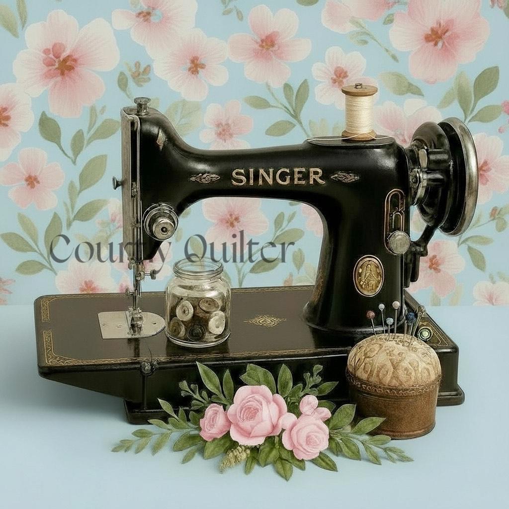 Courtly Quilter Singer Featherweight, jar of buttons, pin cushion, pale blue with cherry blossoms background