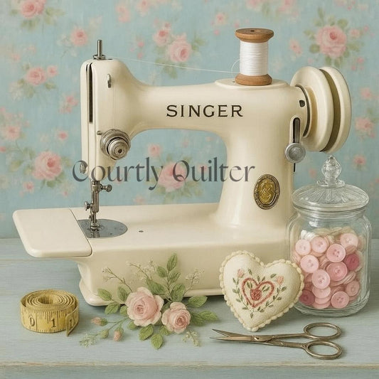 Courtly Quilter vintage white Singer Featherweight with measuring tape, scissors and jar of buttons, floral background