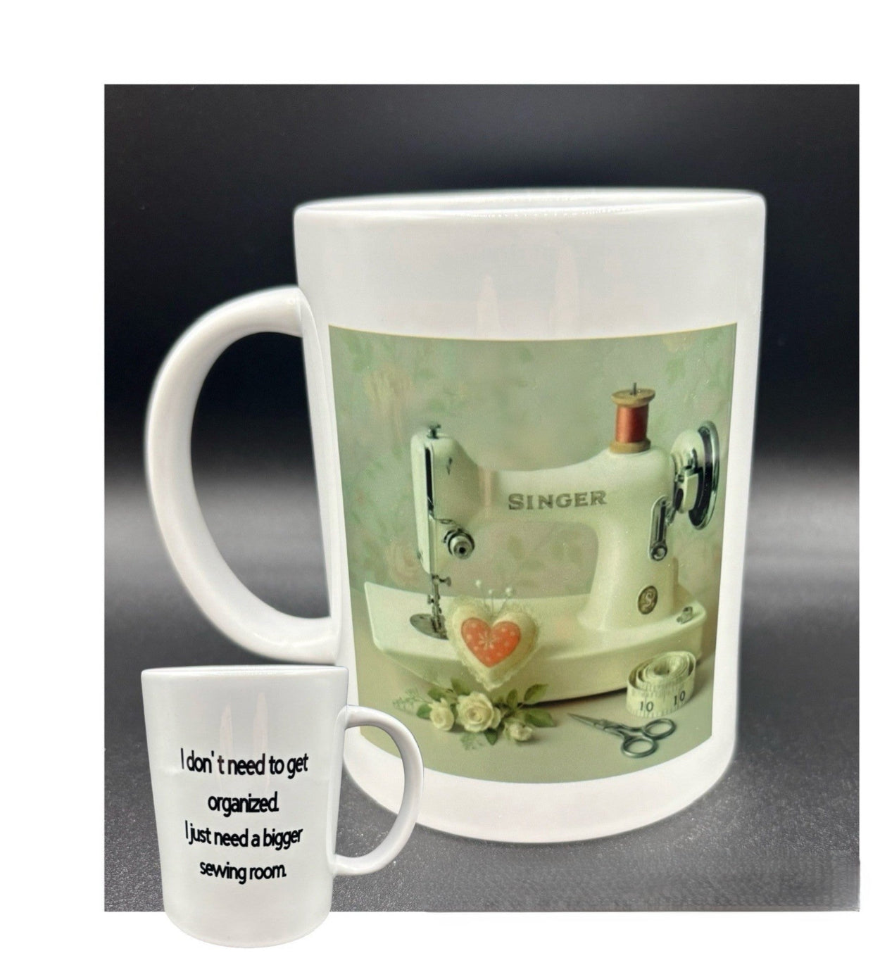 Ceramic mug with a vintage Singer white featherweight sewing machine on a soft green background with text, "I don't need to get organized..." Courtly Quilter