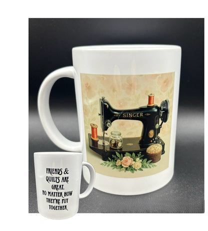 Ceramic mug with vintage Singer featherweight sewing machine on peach floral background with text, "Friends & quilts..." Courtly Quilter
