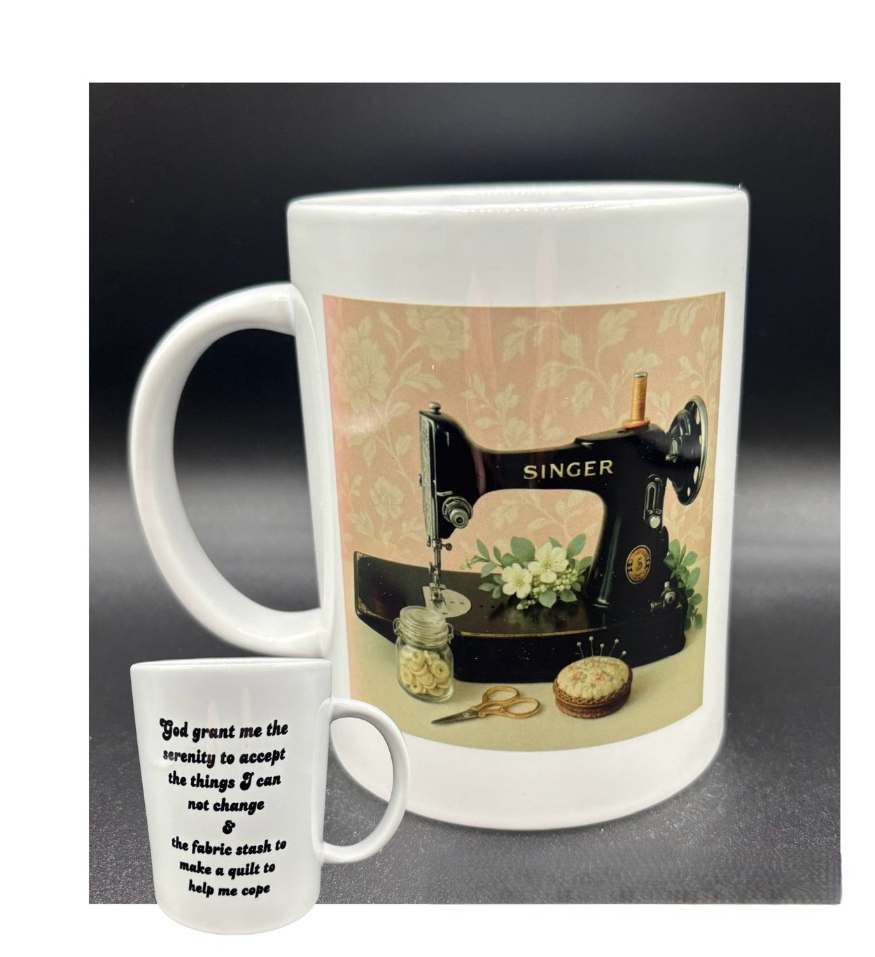 Ceramic mug with a vintage Singer featherweight sewing machine on a pink and cream floral background with text, "God grant me...." Courtly Quilter 