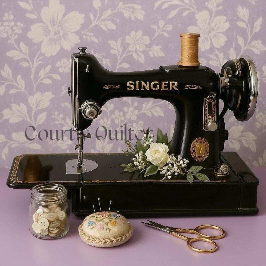 Courtly Quilter Vintage Singer Featherweight sewing machine with floral arrangement, buttons, and scissors on a pale lilac floral-patterned background.