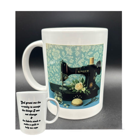 Ceramic mug with vintage Singer featherweight sewing machine on a blue and cream floral background with text, "God grant me..."  Courtly Quilter