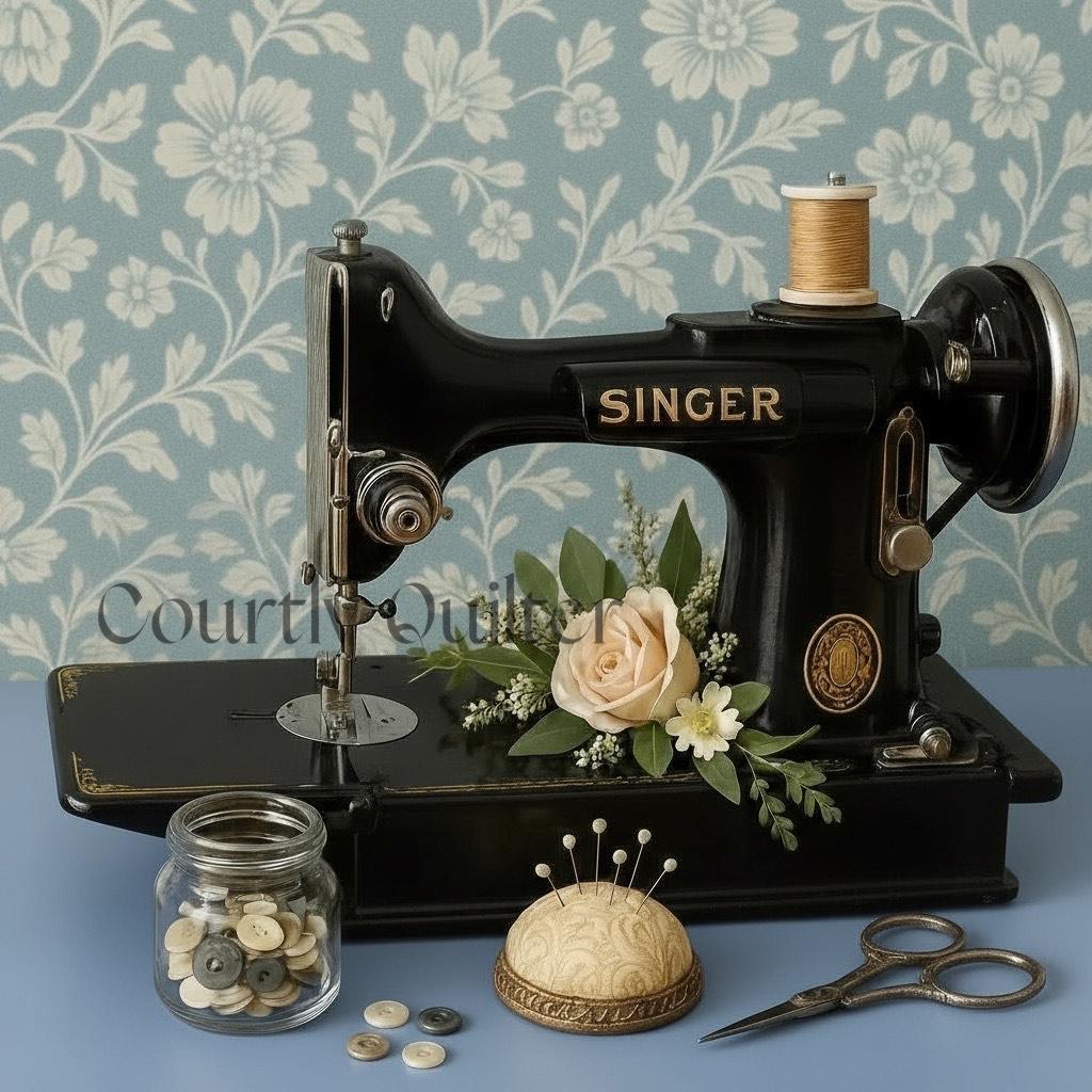 Courtly Quilter with Vintage Singer Featherweight sewing machine with floral arrangement, jar of buttons, pin cushion, and scissors on a blue floral wallpaper background.