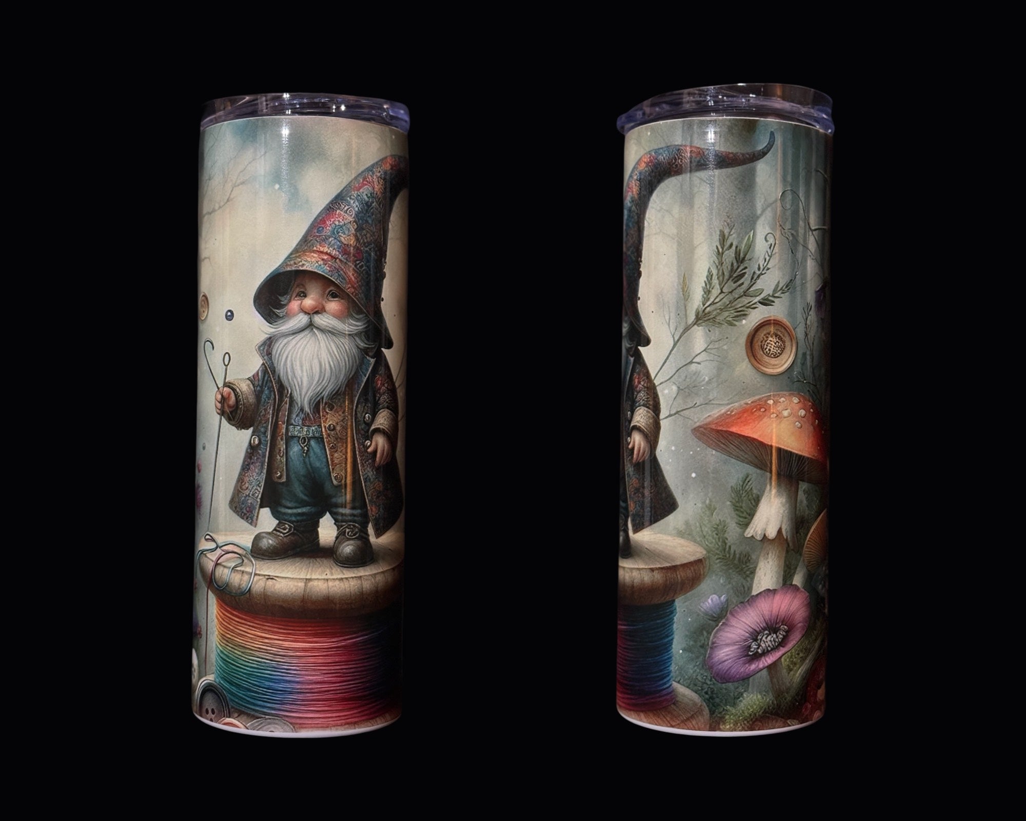 Drink skinny tumbler with sewing  gnome and sewing notions, Courtly Quilter