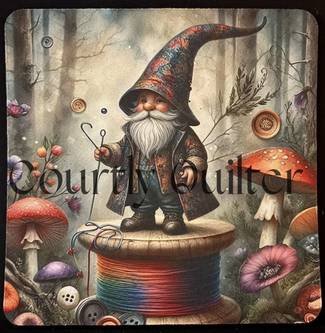 Courtly Quilter gnome with a colorful hat and coat standing on a spool of thread in a forest setting with mushrooms and buttons.