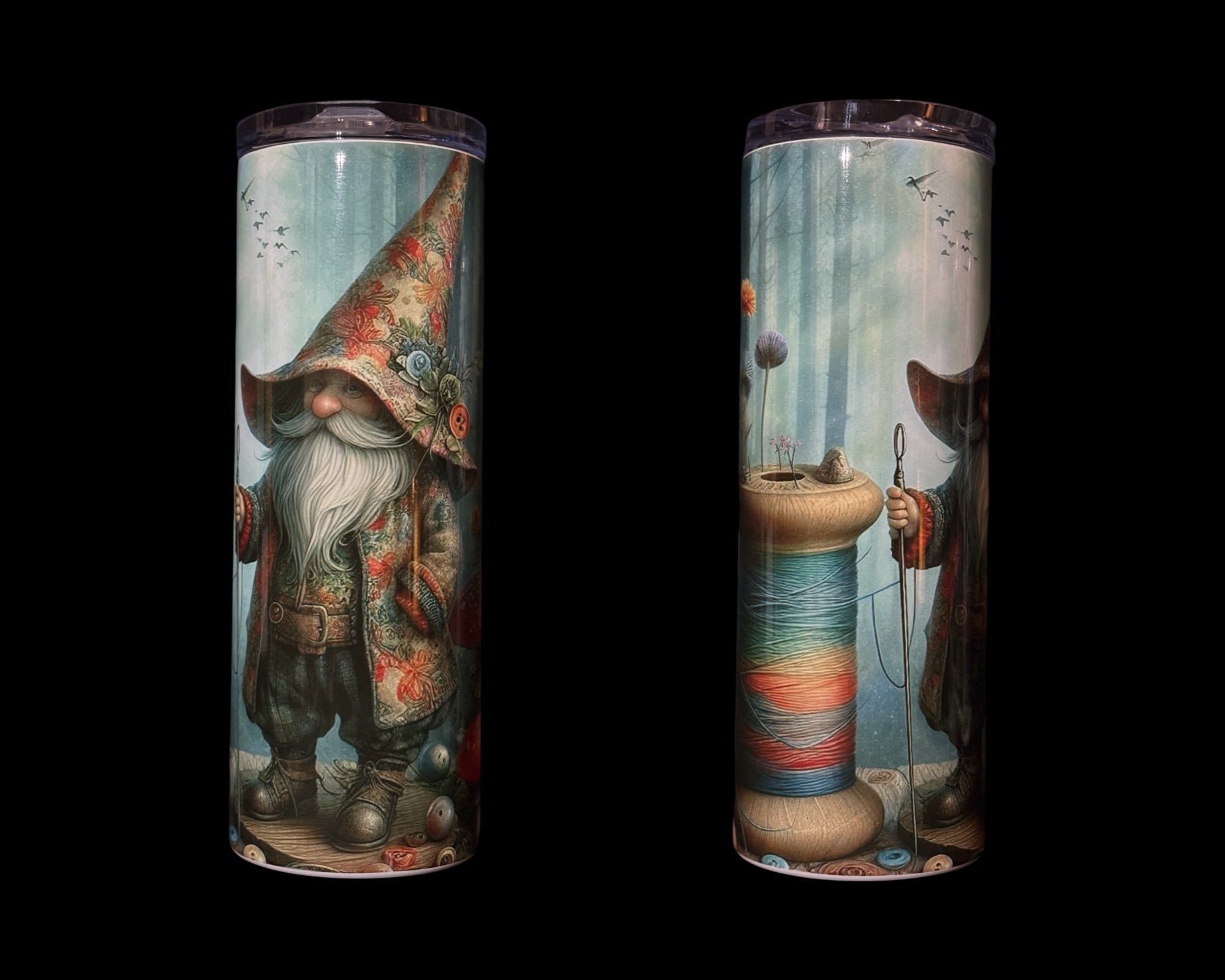 Drink skinny tumbler with sewing  gnome and spool of thread, Courtly Quilter