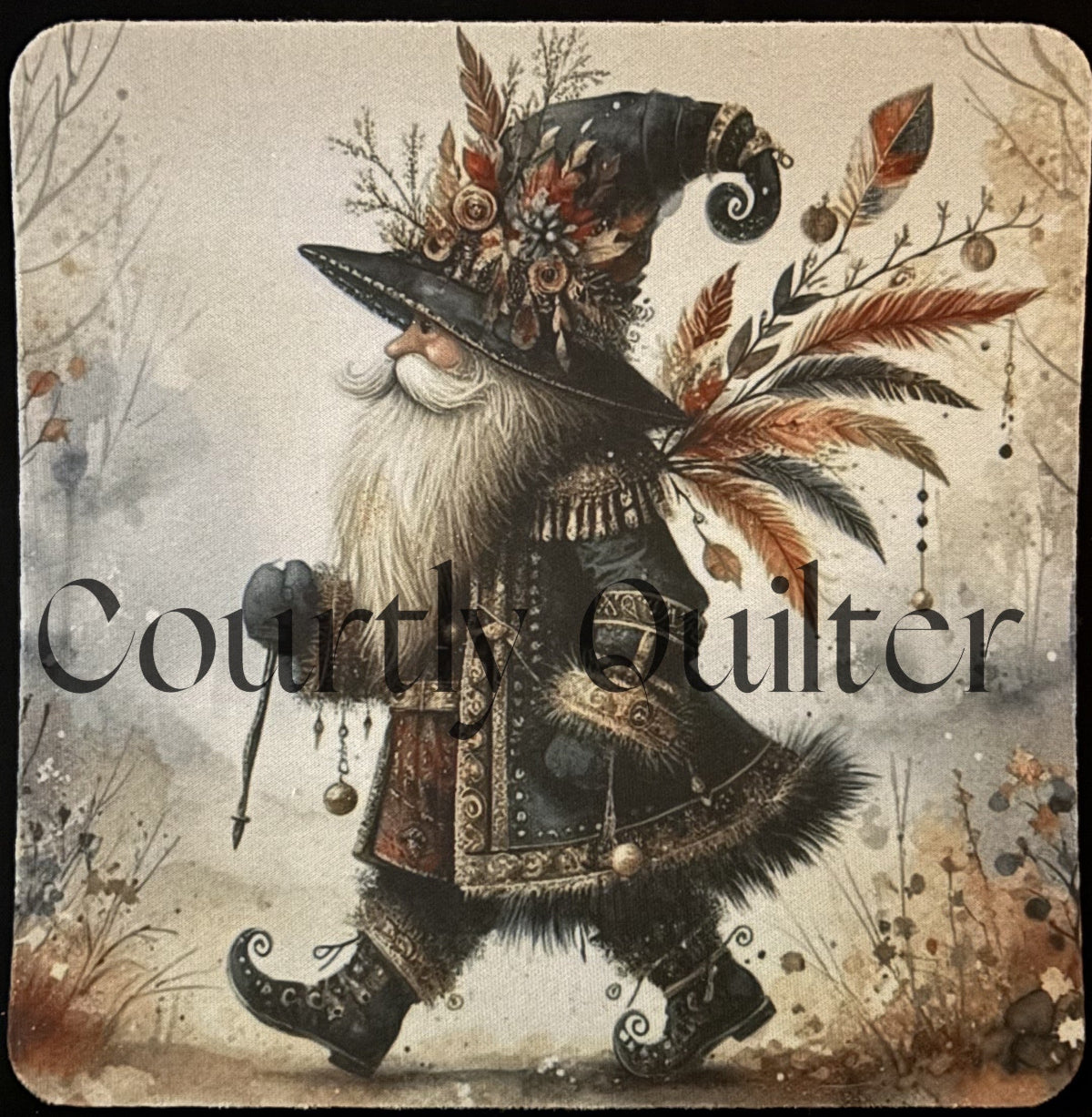 Courtly Quilter gnome mouse pad, character in ornate dark gray coat and hat in mythical forest.