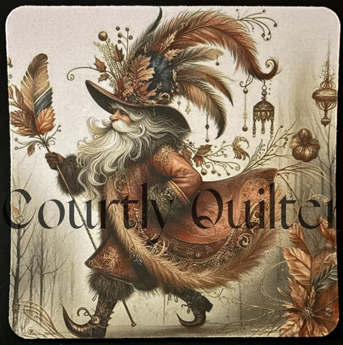 Courtly Quilter gnome or wizard in a decorative rust colored hat and coat, holding feathers.