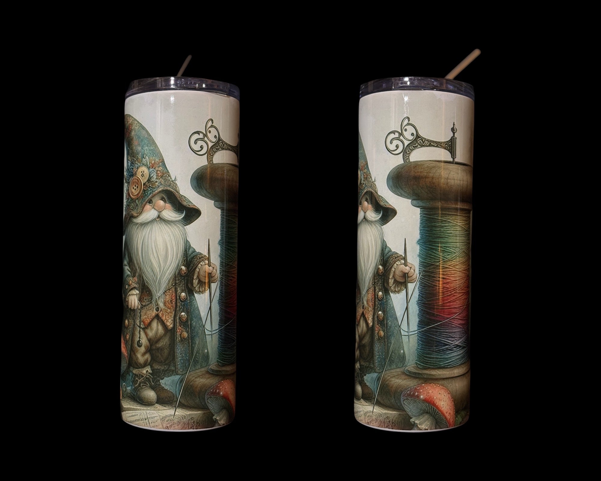 Drink skinny tumbler with sewing  gnome with sewing notions, Courtly Quilter