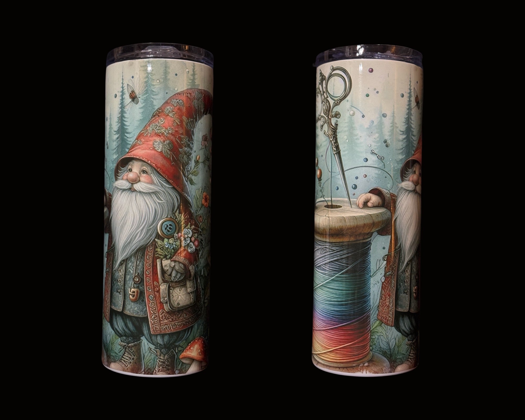 Drink skinny tumbler with sewing  gnome and sewing notions, Courtly Quilter