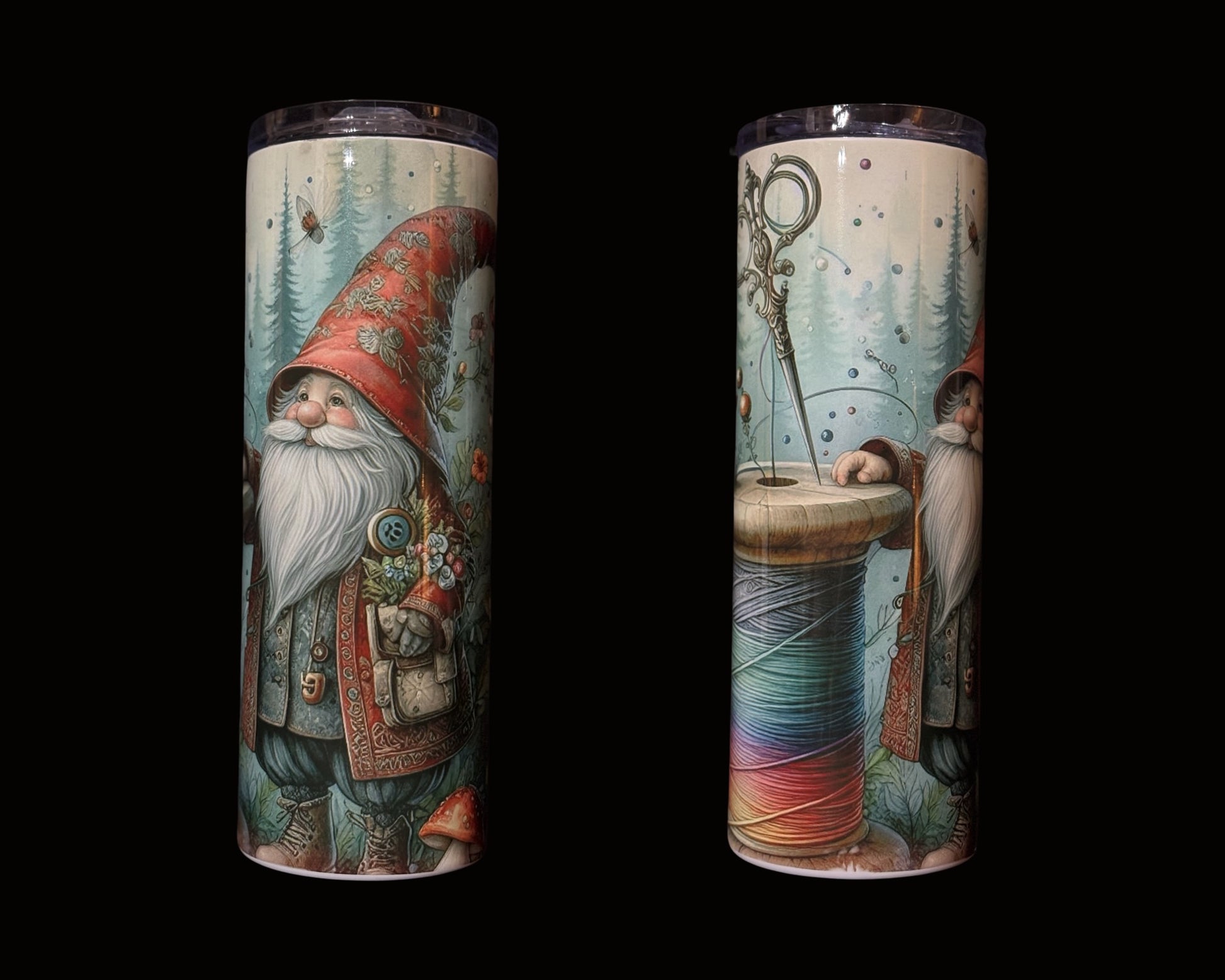 Drink skinny tumbler with sewing  gnome and sewing notions, Courtly Quilter