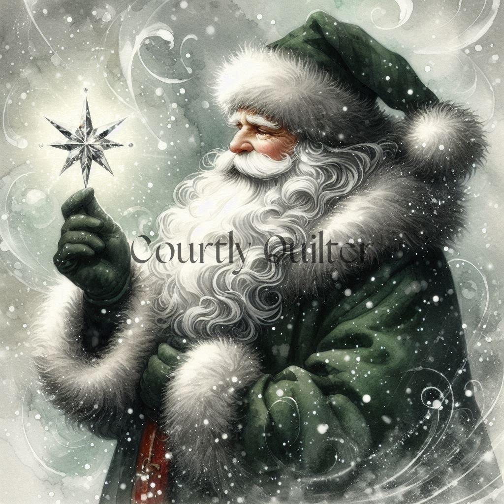 Illustration of a Courtly Quilter fantasy Santa Claus holding a star, with intricate patterns and a magical atmosphere.