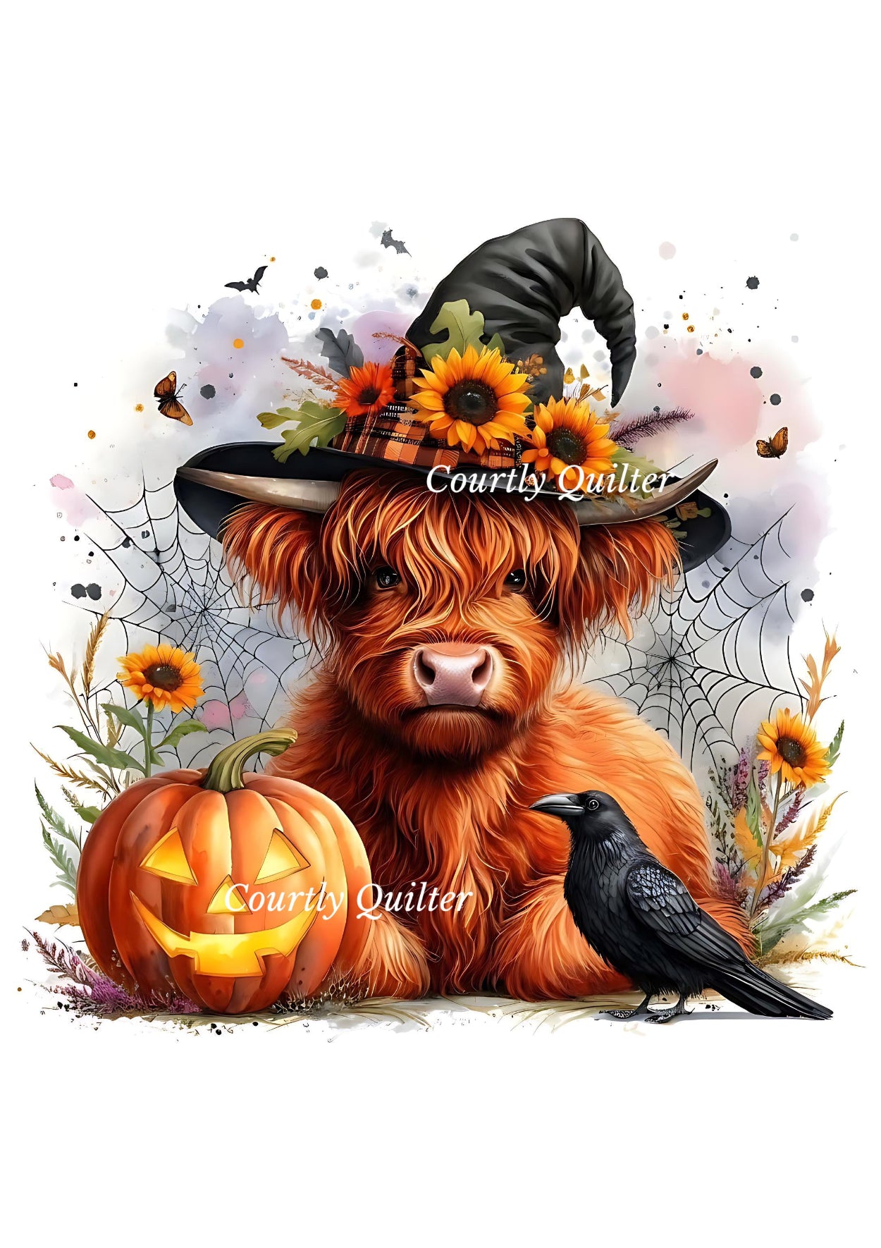 Red Highland cow wearing a witch hat with sunflowers, sitting behind a carved pumpkin and a black raven.