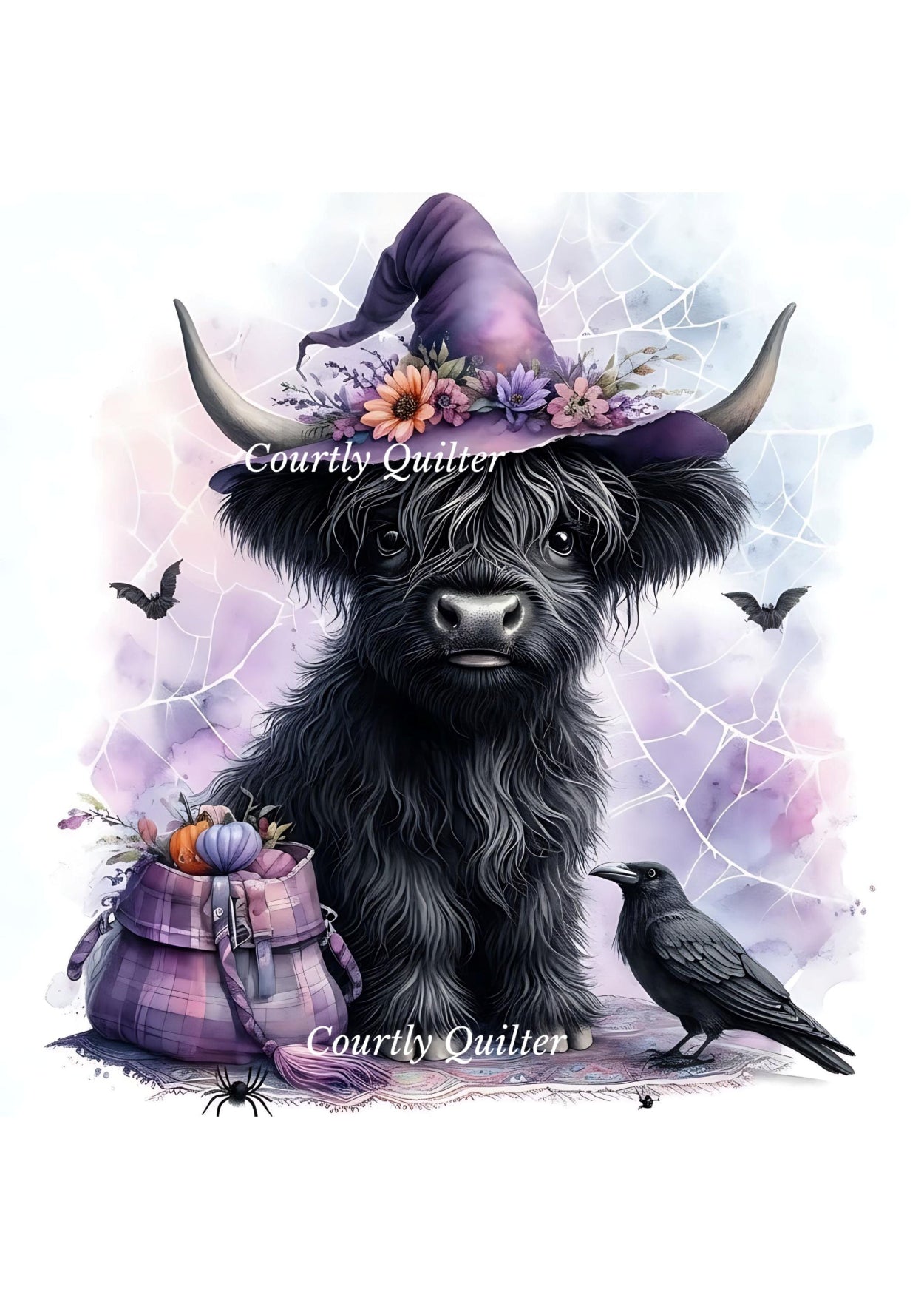 Black highland cow wearing a purple witch hat with flowers, standing beside a black raven and a plaid pumpkin bag.