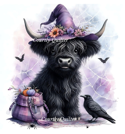 Black highland cow wearing a purple witch hat with flowers, standing beside a black raven and a plaid pumpkin bag.