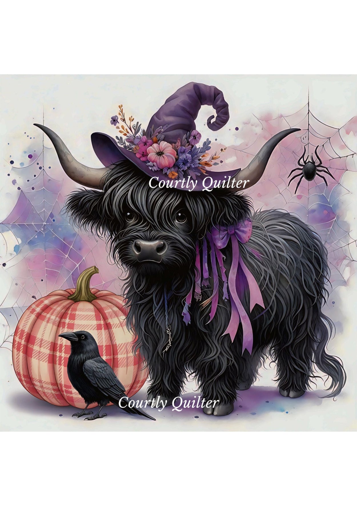 Black shaggy Highland cow wearing a purple witch hat with flowers and a purple ribbon, standing beside a pink-and-white plaid pumpkin and a black raven. 