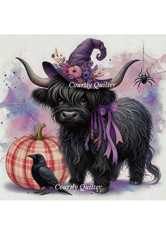 Black shaggy Highland cow wearing a purple witch hat with flowers and a purple ribbon, standing beside a pink-and-white plaid pumpkin and a black raven. 