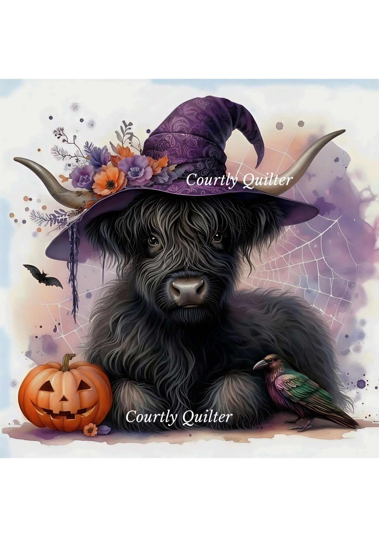 Black highland cow wearing a purple witch hat with flowers, posed with a carved pumpkin and a small green bird.