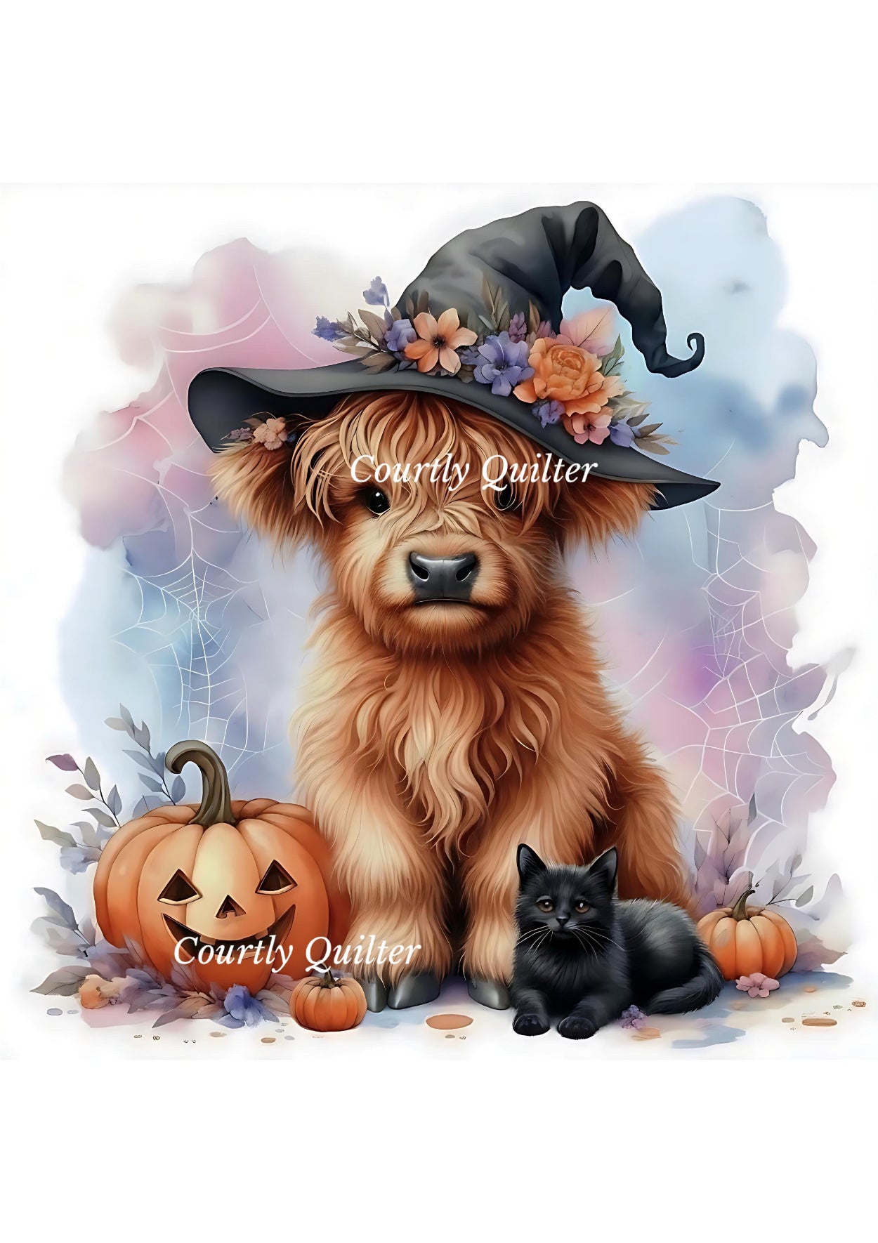 Blonde highland cow wearing a black witch hat with flowers, sitting beside a black cat, pumpkins, and autumn leaves on a soft pastel background. 