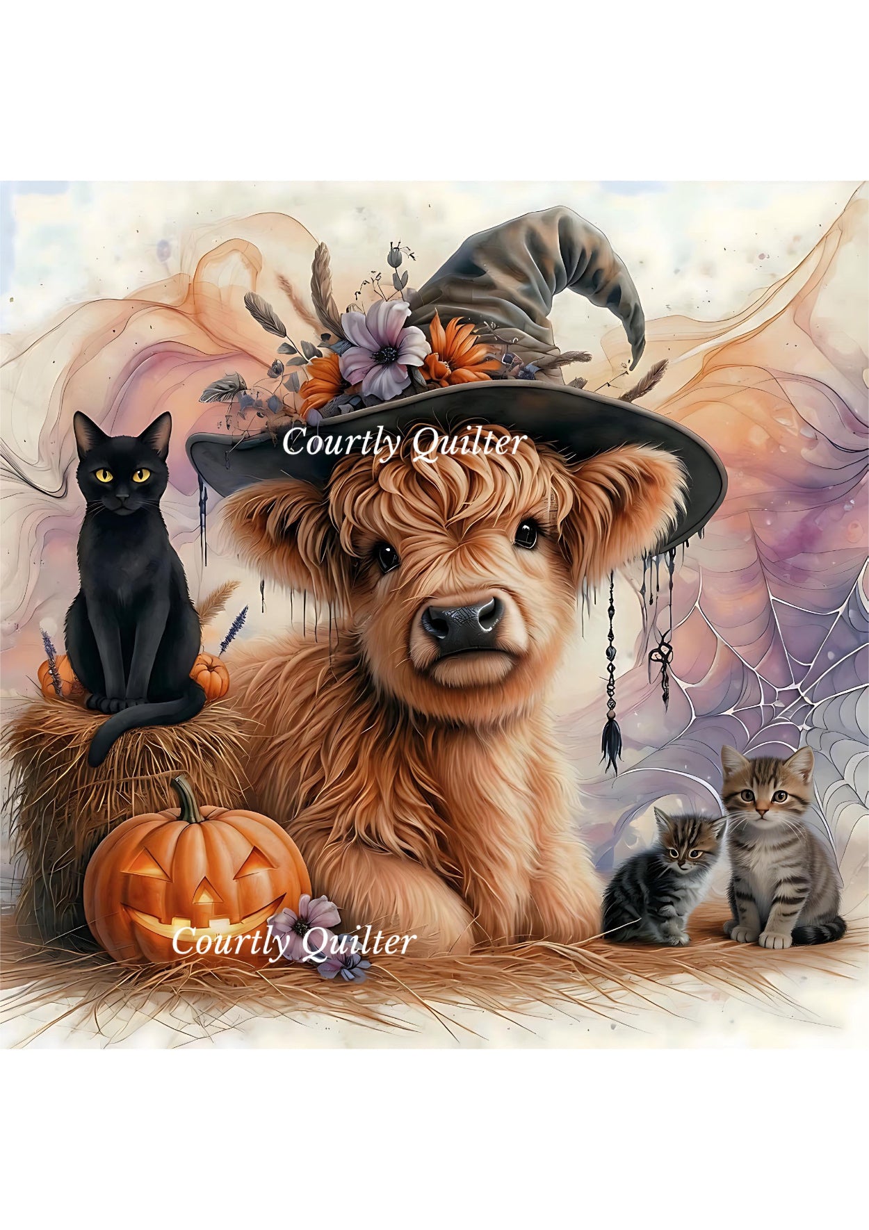 Blonde highland cow wearing a witch hat with flowers, a black cat on a hay bale, a carved pumpkin, and two small kittens.