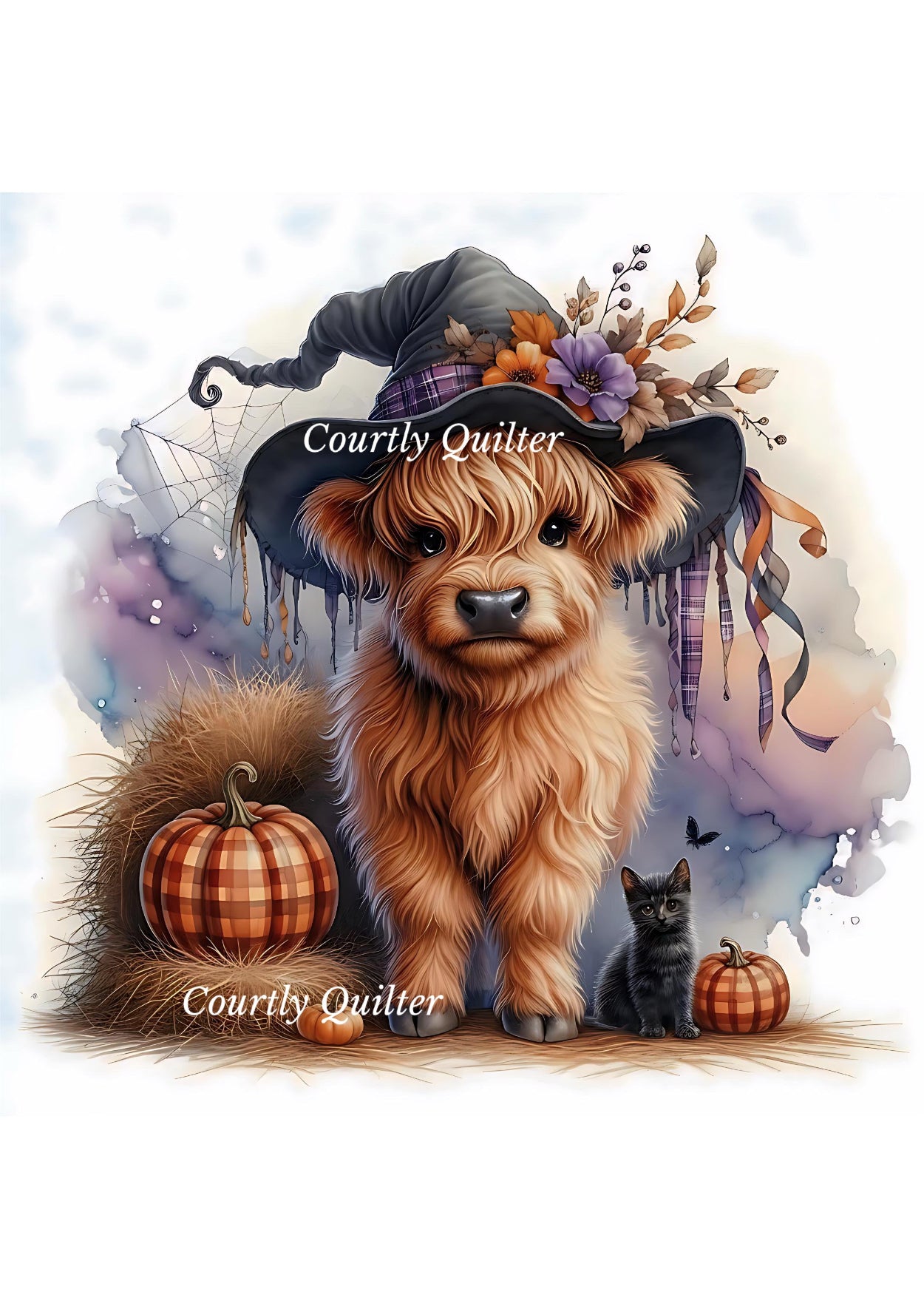 Blonde highland cow wearing a witch hat with autumn flowers, standing beside a small black kitten and two plaid pumpkins.