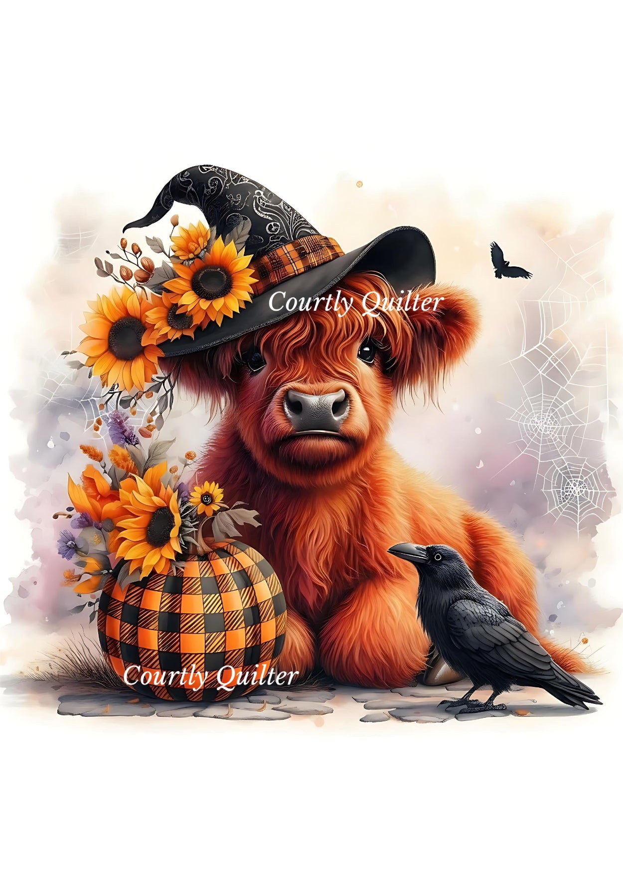 Red highland cow wearing a black witch hat with sunflowers, sitting beside a black raven and a plaid pumpkin.