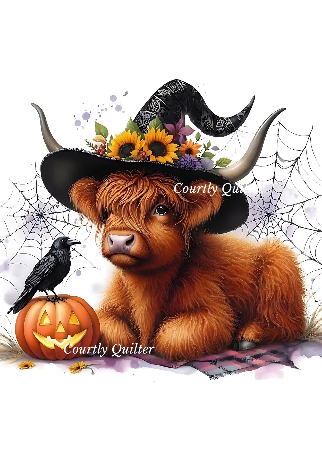 Red highland cow wearing a black witch hat with sunflowers, sitting beside a carved pumpkin and a black raven on a plaid blanket.