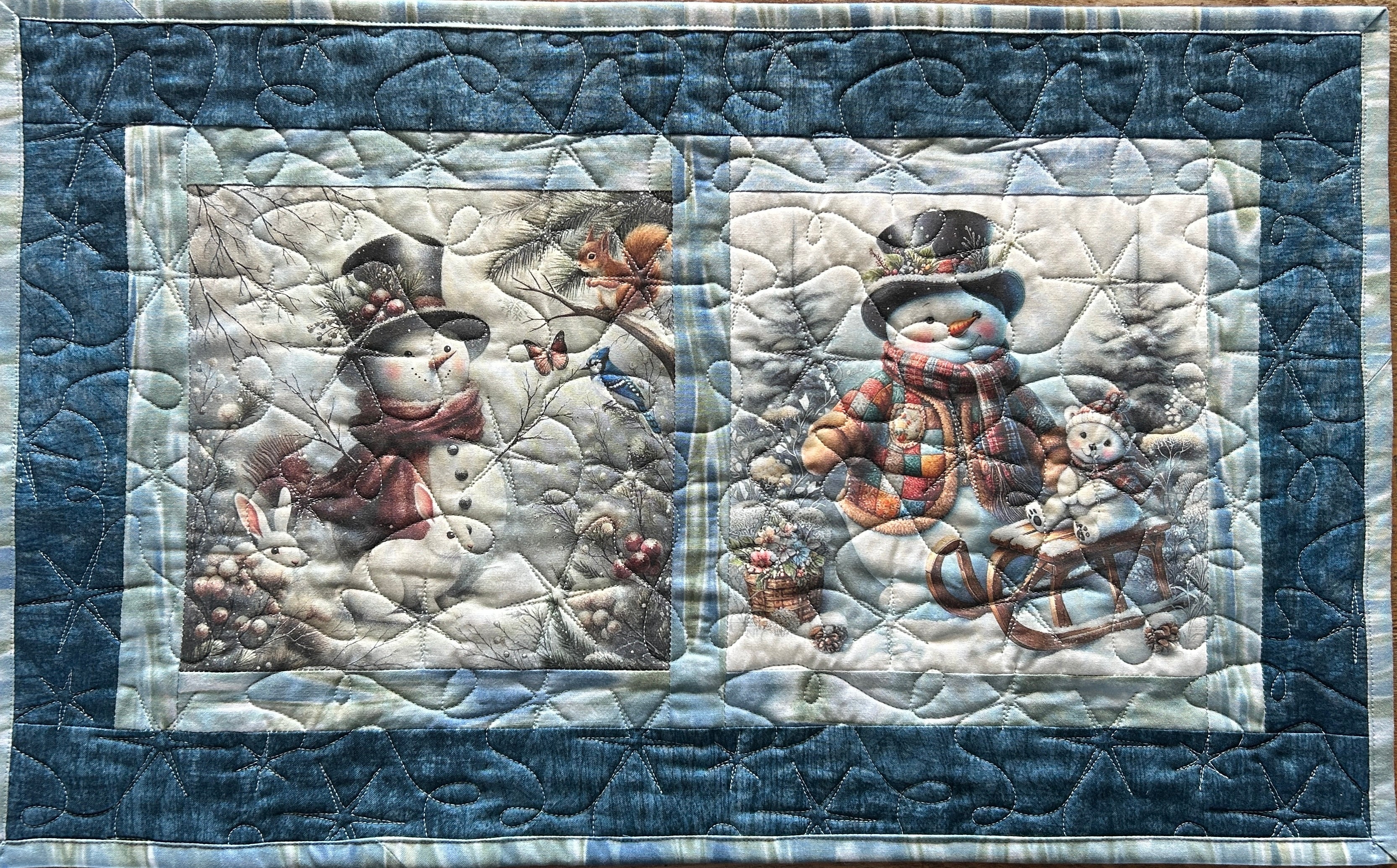 Quilter small table runner with two snowmen fabric blocks, Courtly Quilter