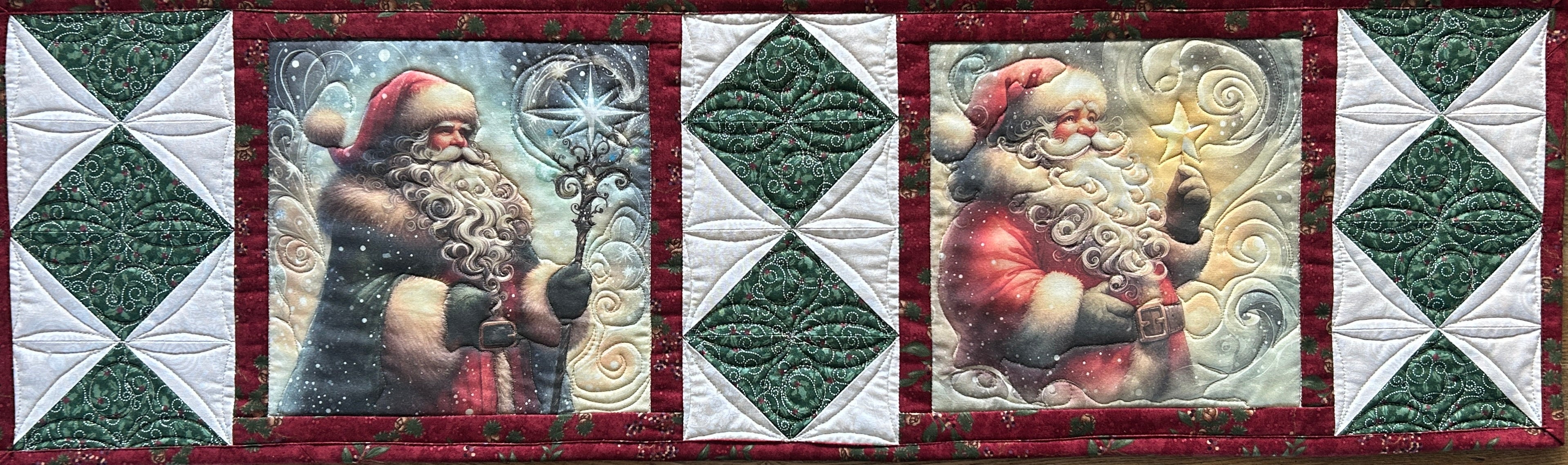 Quilted Christmas table runner with two vintage santas and green and white wide sashing, Courtly Quilter